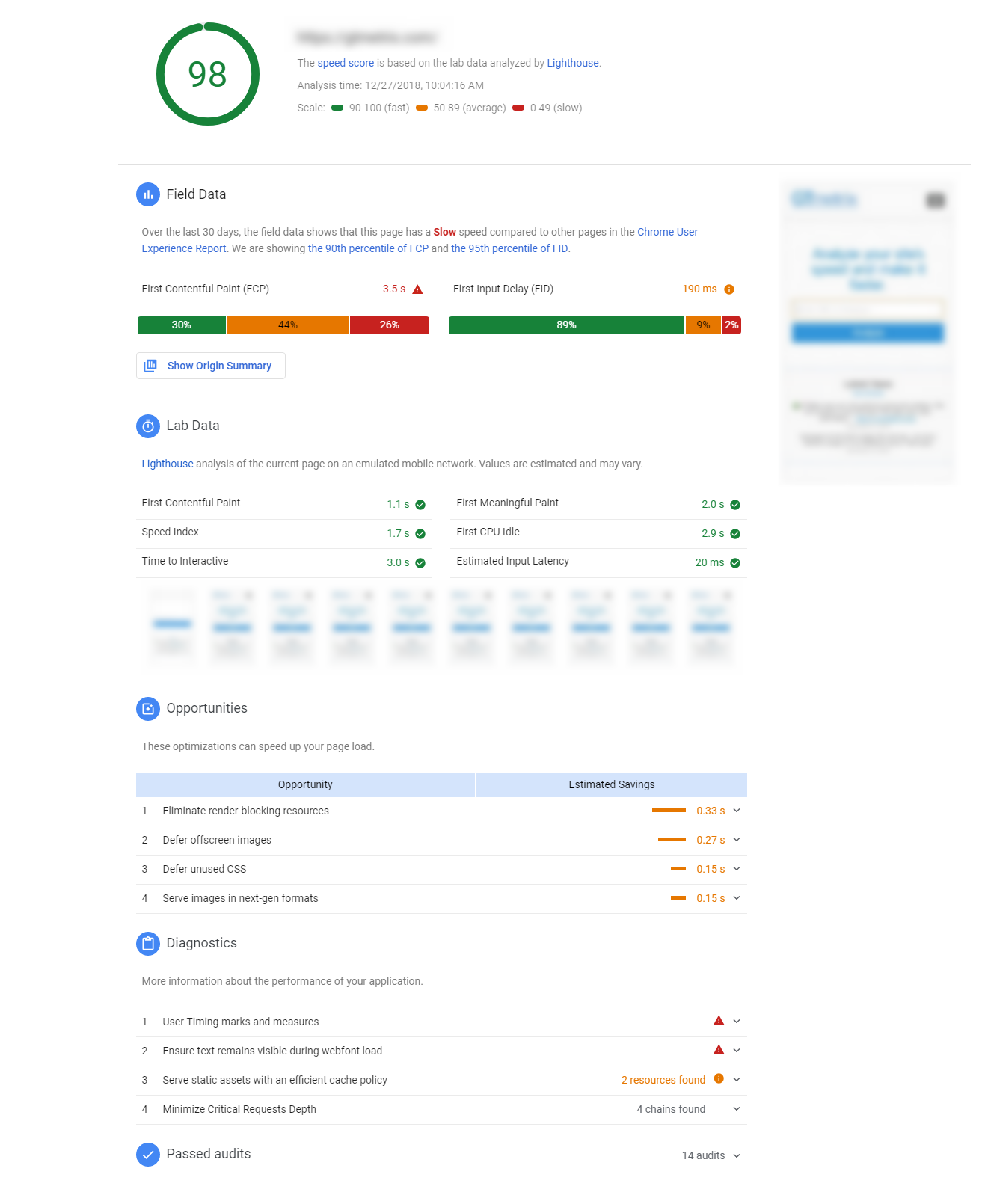 ferramenta de insights de velocidade de página