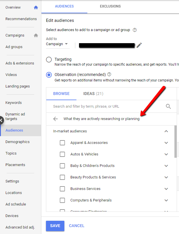 google analytics inmarket audiences application