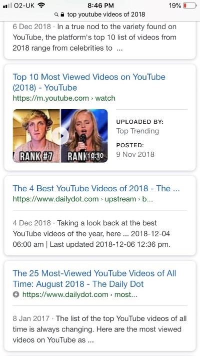 mobile search results showing a video carousel in line with text results