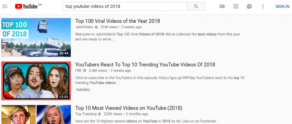 youtube search for "top youtube videos of 2018" on desktop