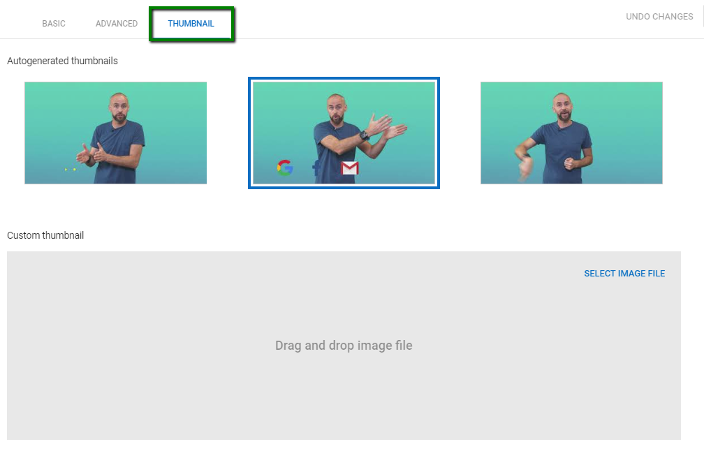 Using YouTube Studio Beta to upload video thumbnail.