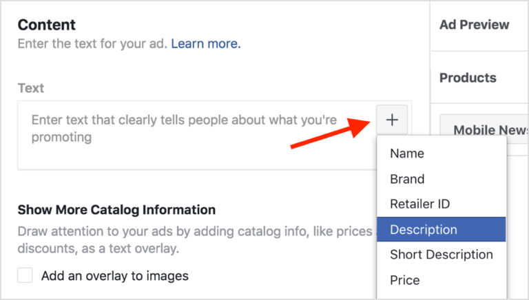 Adding ad copy details in Facebook dynamic ads