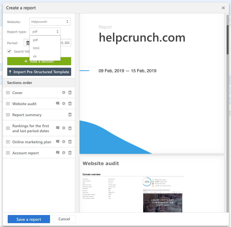 Example of report creation in helpcrunch