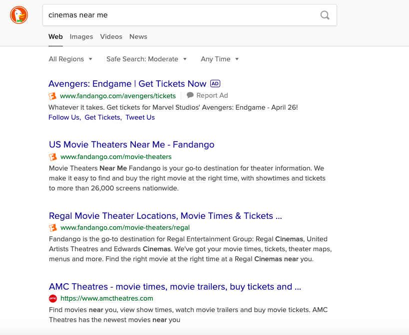 duckduckgo query for "cinemas near me"