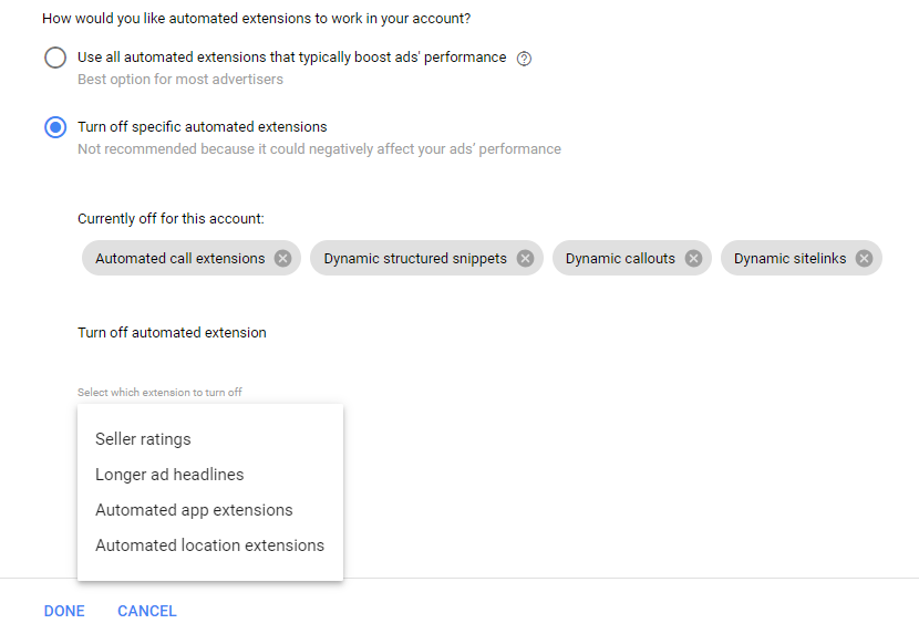 Screenshot of choosing how you want automated extensions to work for your account