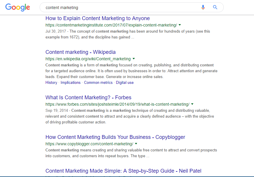 screenshot example of Google SERP for keyword "content marketing"