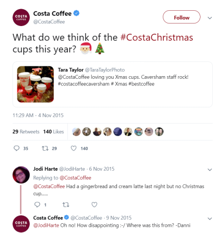 Example of how Costa Coffee handles customers reviews online