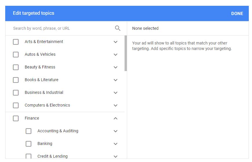 Example of topics available for Google Display targeting