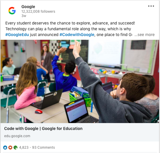 example of google sharing a post on their social good work on linkedin