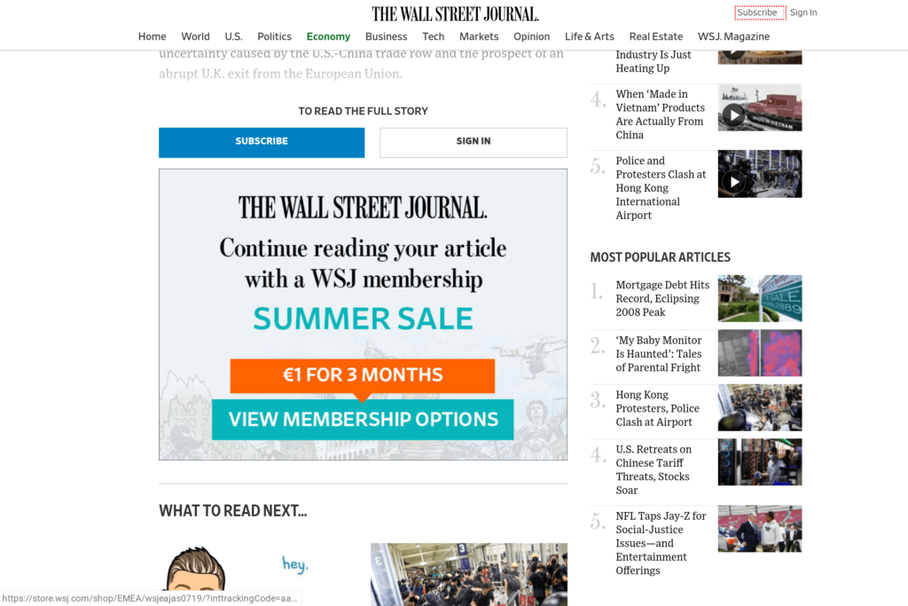 Example of paywall content on WSJ 