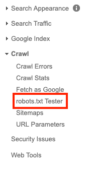 google search console step two, tester tool for robots.txt file