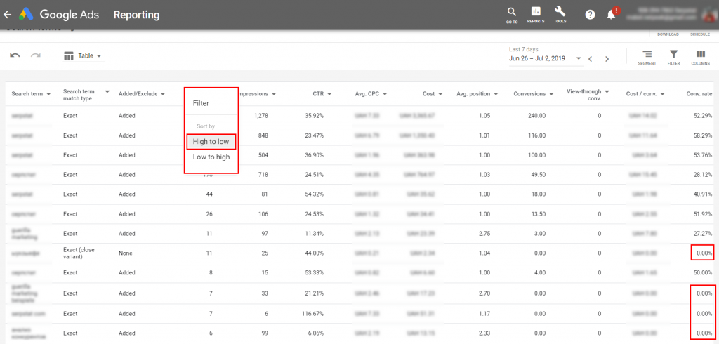 using the High to Low filter in Google Ads Reporting