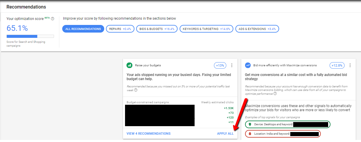 optiscore report under recommendations from google