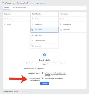 Example of campaign budget optimization for Facebook AdsManager