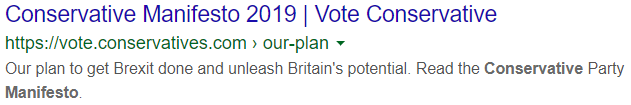 UK elections Conservatives manifesto landing page SEO meta content