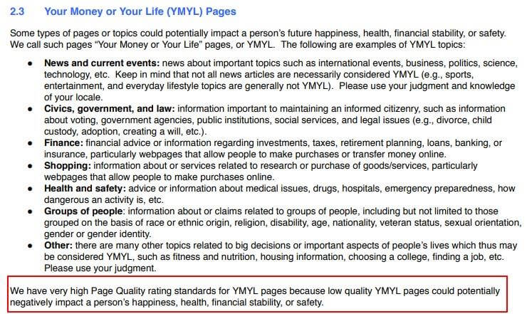 Google's page quality rating standards for YMYL websites