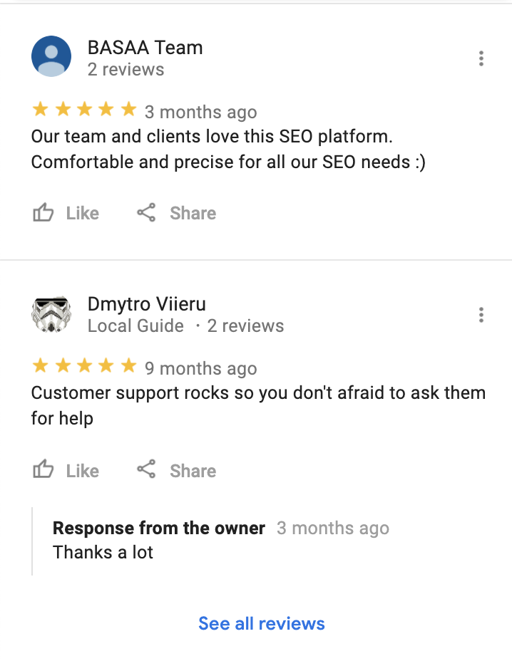 SE Ranking Google reviews