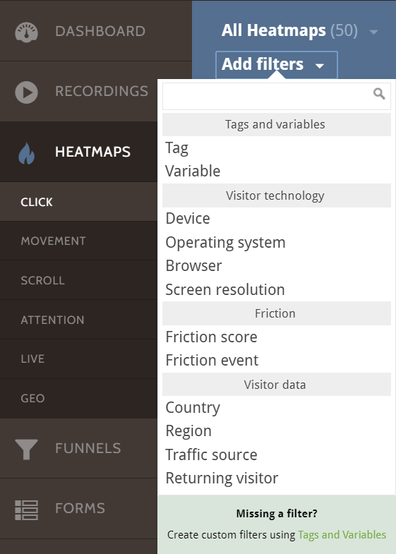 Screenshot Mouseflow Filters