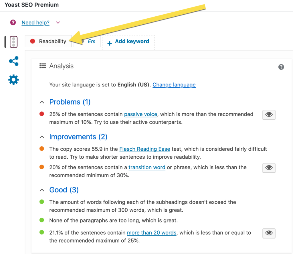 on page copy quality analysis Readability