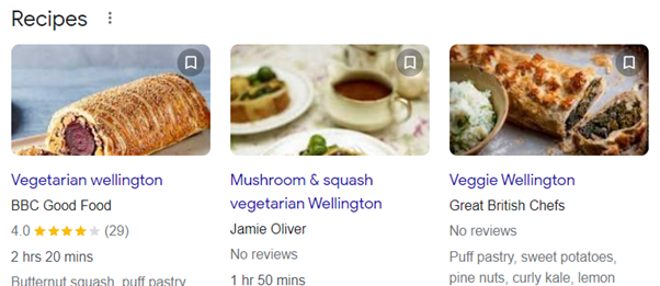 Sitios de recetas - resultados de búsqueda de Google - resultados enriquecidos