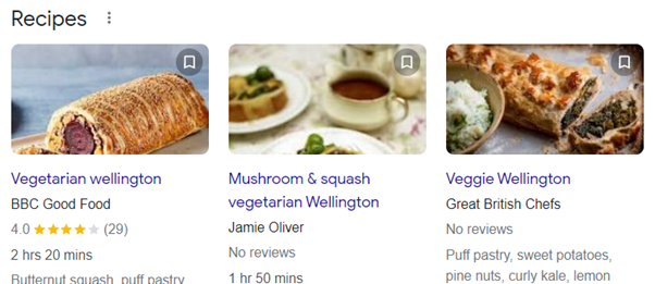 Recipe sites Google search results rich results