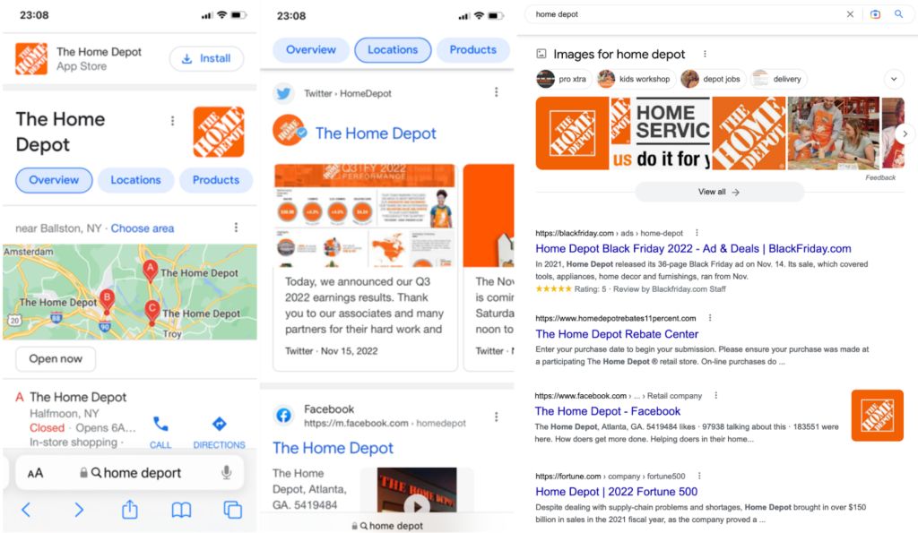 identité visuelle et sa visibilité dans les SERP Google - exemple Home Depot