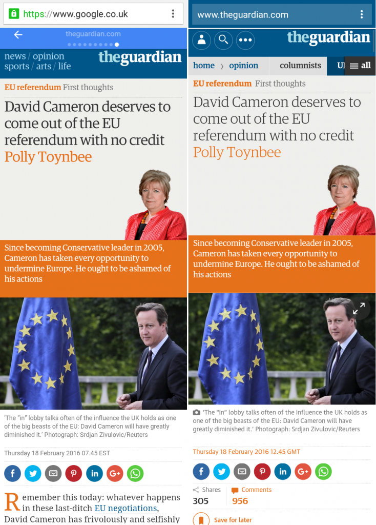 Two screenshots comparing the regular mobile web version of The Guardian news site with the Accelerated Mobile Pages version. The AMP version of the site is on the left. The URL bar at the top of the AMP version displays "Google.co.uk" and shows slightly better visual quality. The non-AMP version has extra sharing buttons and slightly more visual clutter.