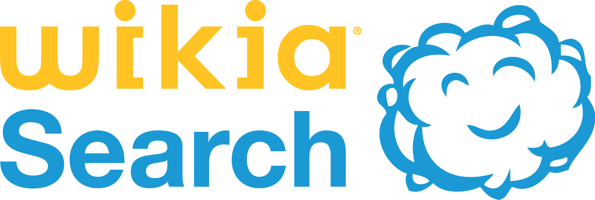 The logo for Jimmy Wales' ill-fated "Wikia Search", featuring the words "wikia search" in yellow and blue, next to a picture of a smiling blue cloud.