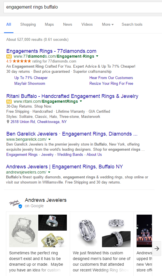 A screenshot showing the search results page for "engagement rings Buffalo". The fourth result down is Andrews Jewelers, below which is a carousel of shareable 'cards' containing one or more images and a snippet of text. The title above it reads 'Andrews Jewelers on Google'.