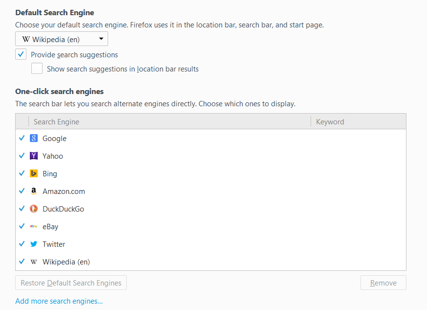 A screenshot from Firefox web browser showing the list of search engines available to make your default. Wikipedia is currently selected, while the list below shows Google, Yahoo, Bing, Amazon.com, DuckDuckGo, eBay, Twitter and Wikipedia (en) as options.