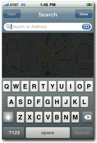 A mobile screen displaying a search interface, with a touchscreen keyboard at the bottom and search bar at the top.