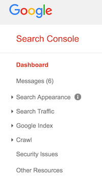 Search Console Dashboard menu