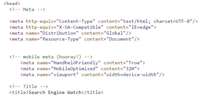 A screenshot of the meta tags for Search Engine Watch, including a section entitled "mobile meta (hooray!)" which has a correctly configured viewport meta tag.