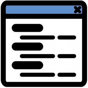 A simple graphic depicting a computer pop-up window, with a blue bar across the top, an X to close in the right-hand corner, and black lines representing text.