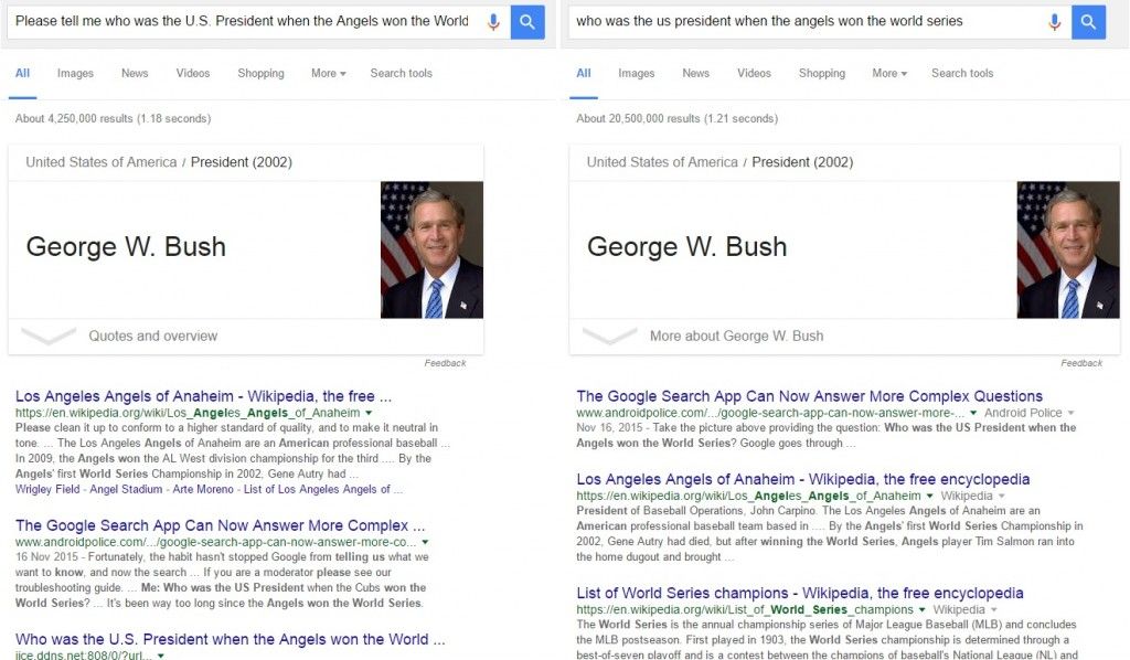 Two side by side screenshots of Google search results, showing a search for "Who was the US president when the Angels won the world series?" The left-hand screenshot is narrower, and the titles of the top results are all cut off after eight or nine words. The right-hand search result is wider, and the title tags are all displayed in full, with no truncating.