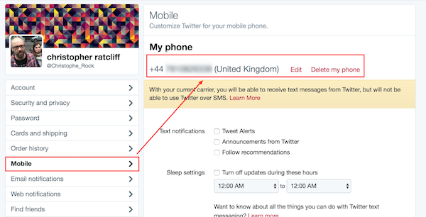 Twitter Settings mobile