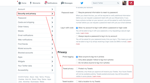 Twitter Settings privacy