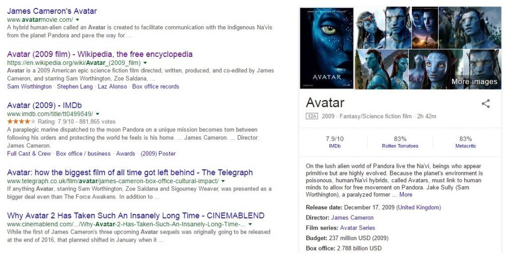 A screenshot of the Google search results for "Avatar", showing results about the James Cameron film.