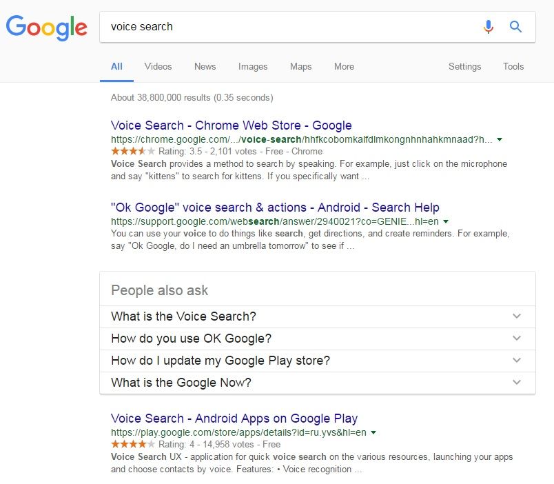 A Google search results page for 'voice search'.