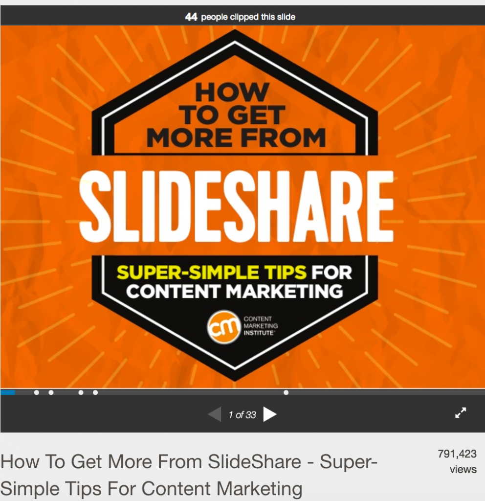 Screencap of the first slide in a presentation entitled: How to get more from Slideshare, super-simple tips for content marketing.