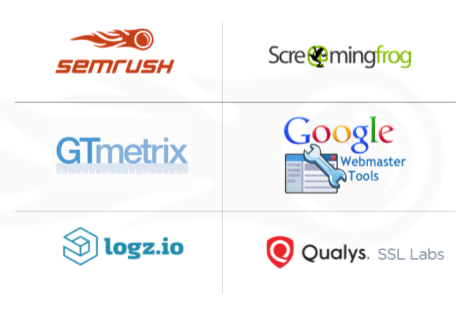 A graphic containing logos from six different SEO tools: semrush, Screaming Frog SEO, GTmetrix, Google Webmaster Tools, logz.io, and Qualys.
