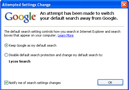 Google Toolbar Window Allowing For Default Change In IE7