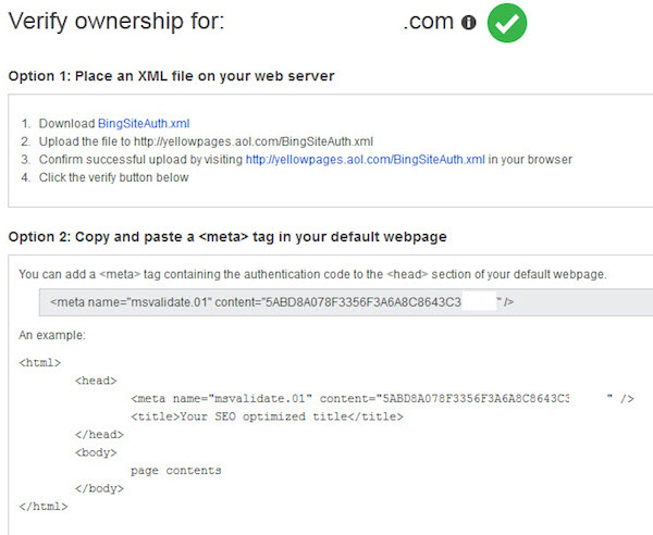 Bing Webmaster Tools Verify Ownership for