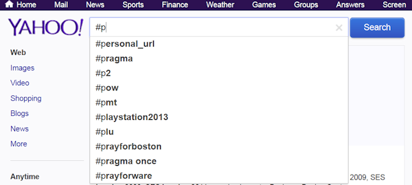 Yahoo Hashtag Autocomplete Results