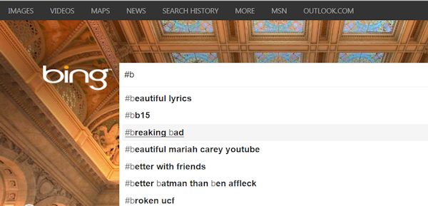 Bing Hashtag Autocomplete Results