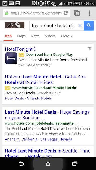 HotelTonight App Install Ad Showing in Chrome Mobile Browser