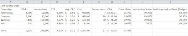 Last 30 Days of Campaign Data in an Excel Spreadsheet