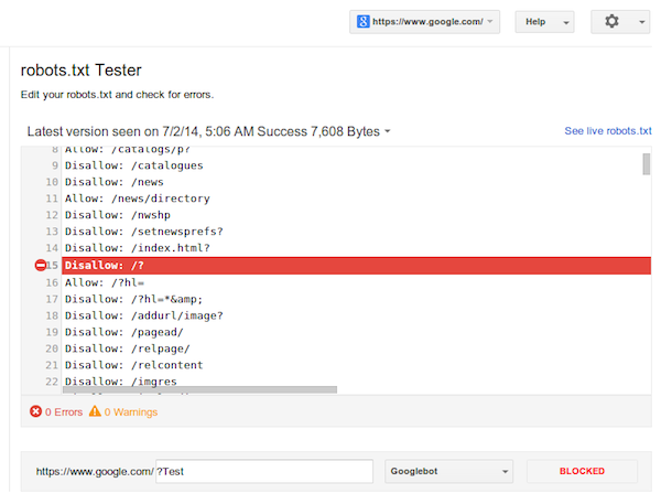 Google Webmaster Tools Robots.txt Tester