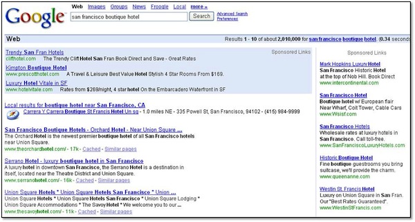 Google San Francisco Boutique Hotel 2005 SERP Google San Francisco Boutique Hotel 2005 SERP