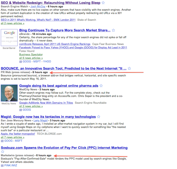 Google News Press Releases in Search Results